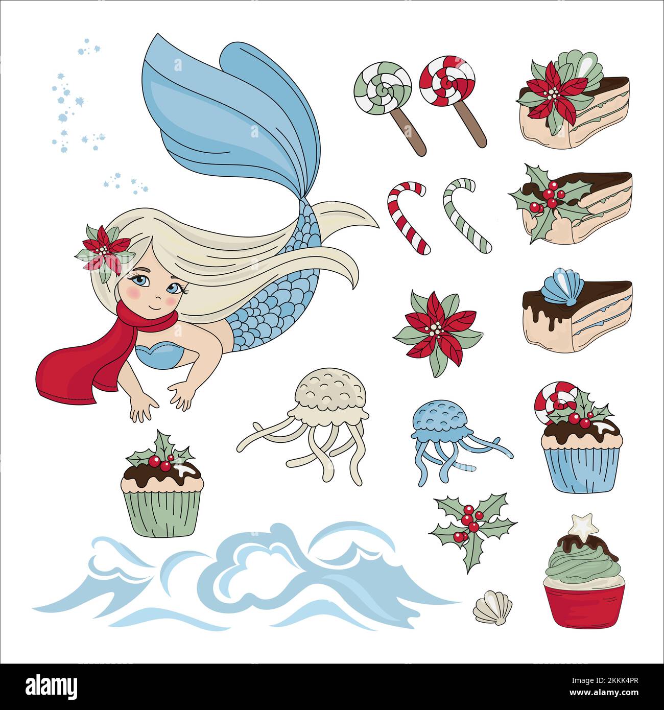 MERMAID SWEETY Mer sous-marin princesse fille Joyeux Noël nouvel an hiver clip Art Vector Illustration Set pour imprimer Illustration de Vecteur