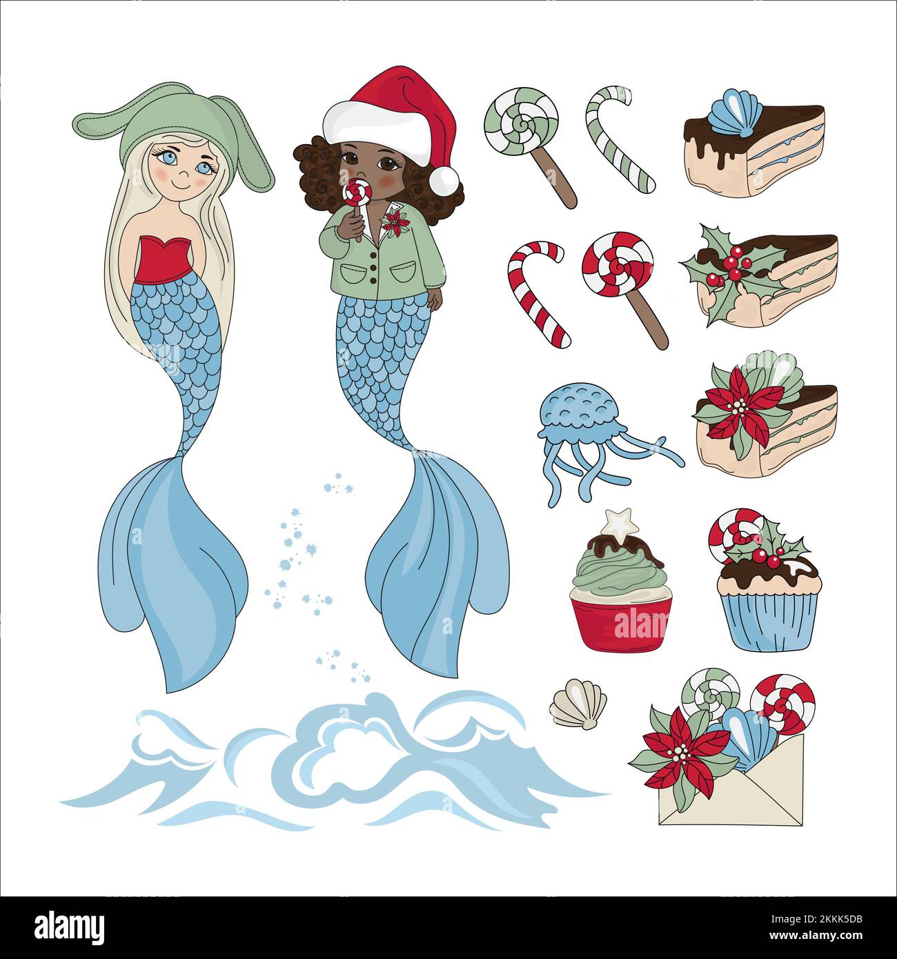 MERMAID YUMMY Sea sous-marin Princesse fille Joyeux Noël nouvel an dessin animé d'hiver clip Art Vector Illustration Set pour l'impression Illustration de Vecteur