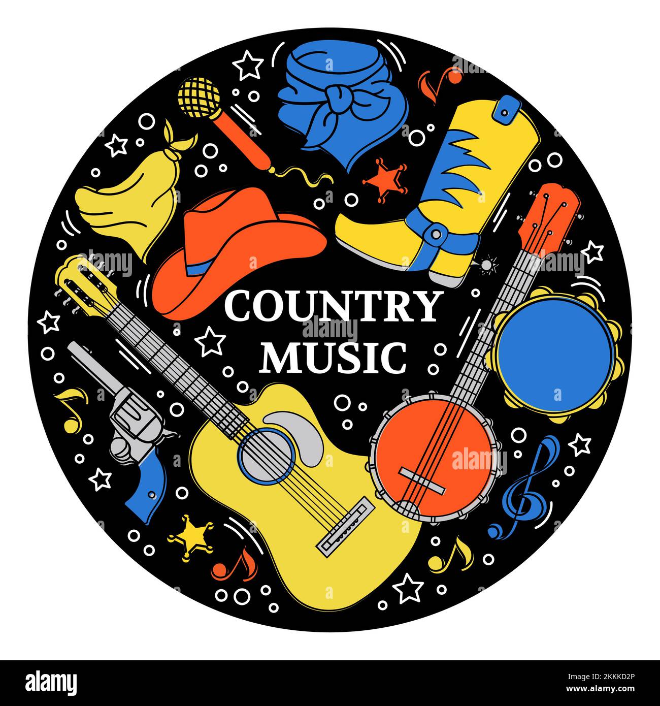 AUTOCOLLANT MUSICAL American Cowboy Western Country Festival clip Art Vector Illustration Set for Print Illustration de Vecteur