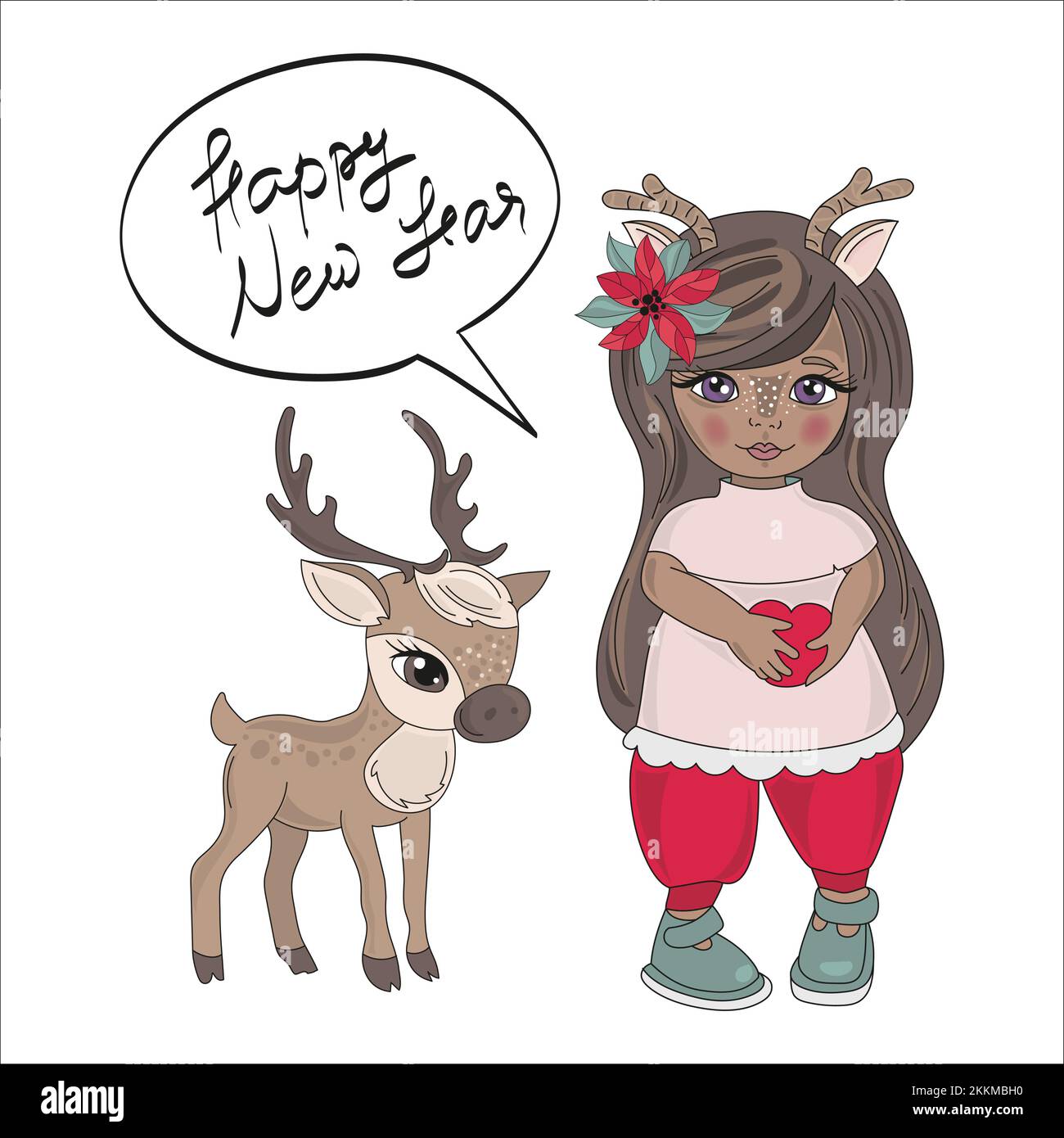 NOUVELLE ANNÉE FILLE Deer Forest animal dessin animé Joyeux Noël écriture manuscrite texte clip Art Vector Illustration ensemble pour impression Illustration de Vecteur
