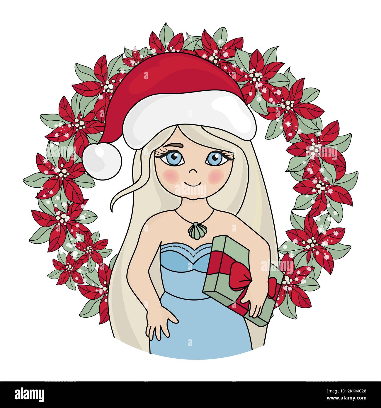 PORTRAIT DE LA NOUVELLE ANNÉE dessin animé Père Noël Red Hat Girl avec cadeau en couronne de fleurs Merry Christmas clip Art Vector Illustration Set pour l'impression Illustration de Vecteur