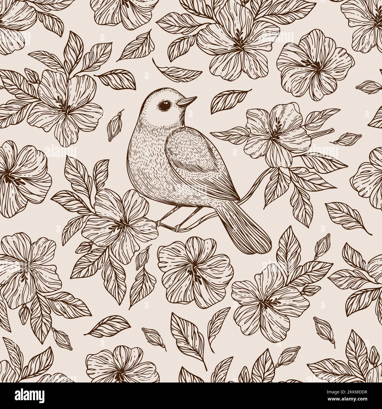 NIGHTINGALE SUR LA FLEUR Hibiscus avec des feuilles Monochrome dessin à la main en chinois et japonais Styles dessin animé dessin sans couture dessin vectoriel Illustration FO Illustration de Vecteur