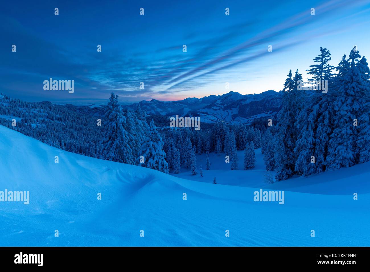 Paysage d'hiver fraîchement enneigé au crépuscule devant le lever du soleil dans le canton de Schwyz, Suisse, Europe Banque D'Images