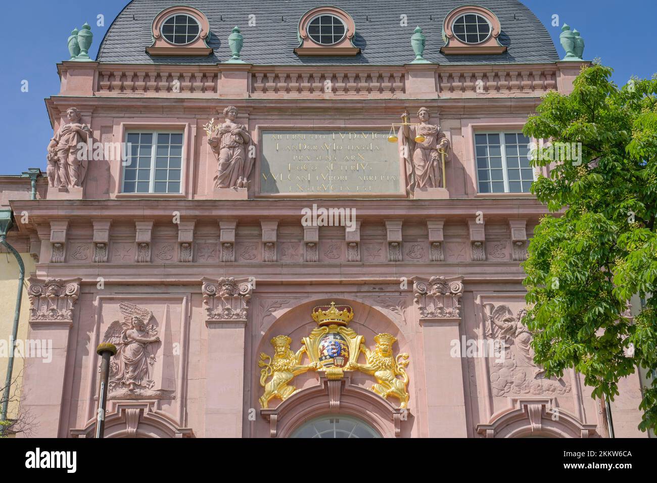 Lions, armoiries dorées, portail principal Residenzschloss, place du marché, Darmstadt, Hesse, Allemagne, Europe Banque D'Images