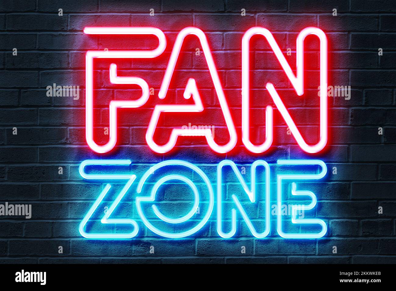 Illustration de l'affiche Neon de la zone du ventilateur 3D sur fond de brique sombre. Banque D'Images