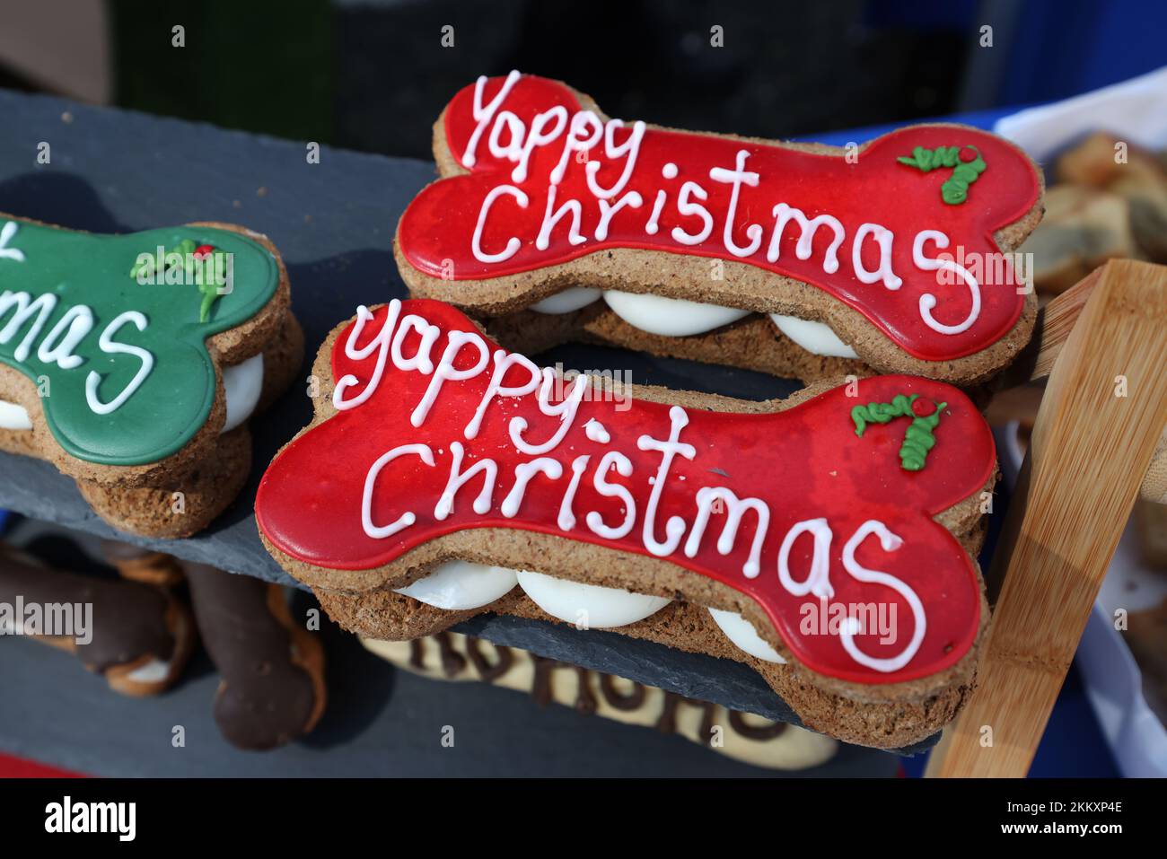 Gâteries spéciales pour chiens de Noël illustrées sur un marché à Lee-on-Solent, Hampshire, Royaume-Uni. Banque D'Images