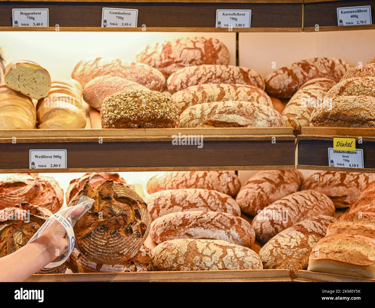 24 novembre 2022, Brandebourg, Oberkrämer: Une large sélection de différents types de pain sont proposés dans la salle de vente de la boulangerie et confiserie Plentz. L'entreprise familiale est une boulangerie artisanale traditionnelle de la génération 5th depuis 1877. Photo: Jens Kalaene/dpa Banque D'Images