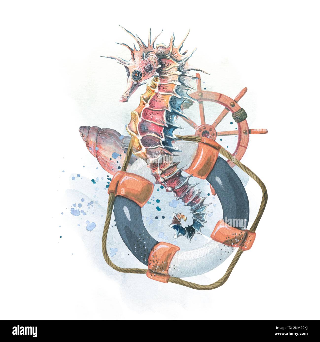 Un hippocampe avec une bouée de sauvetage, un volant et des coquilles sur un fond d'aquarelles et des éclaboussures de peinture. Illustration, composition du Banque D'Images