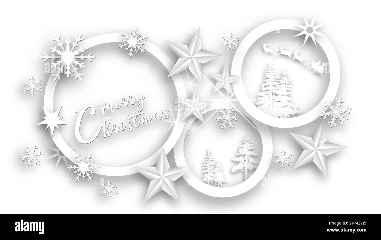 Carte de vœux de Noël en design blanc - lettrage Joyeux Noël, étoiles de glace, flocons de neige, arbres, rennes et traîneau sur fond blanc Banque D'Images