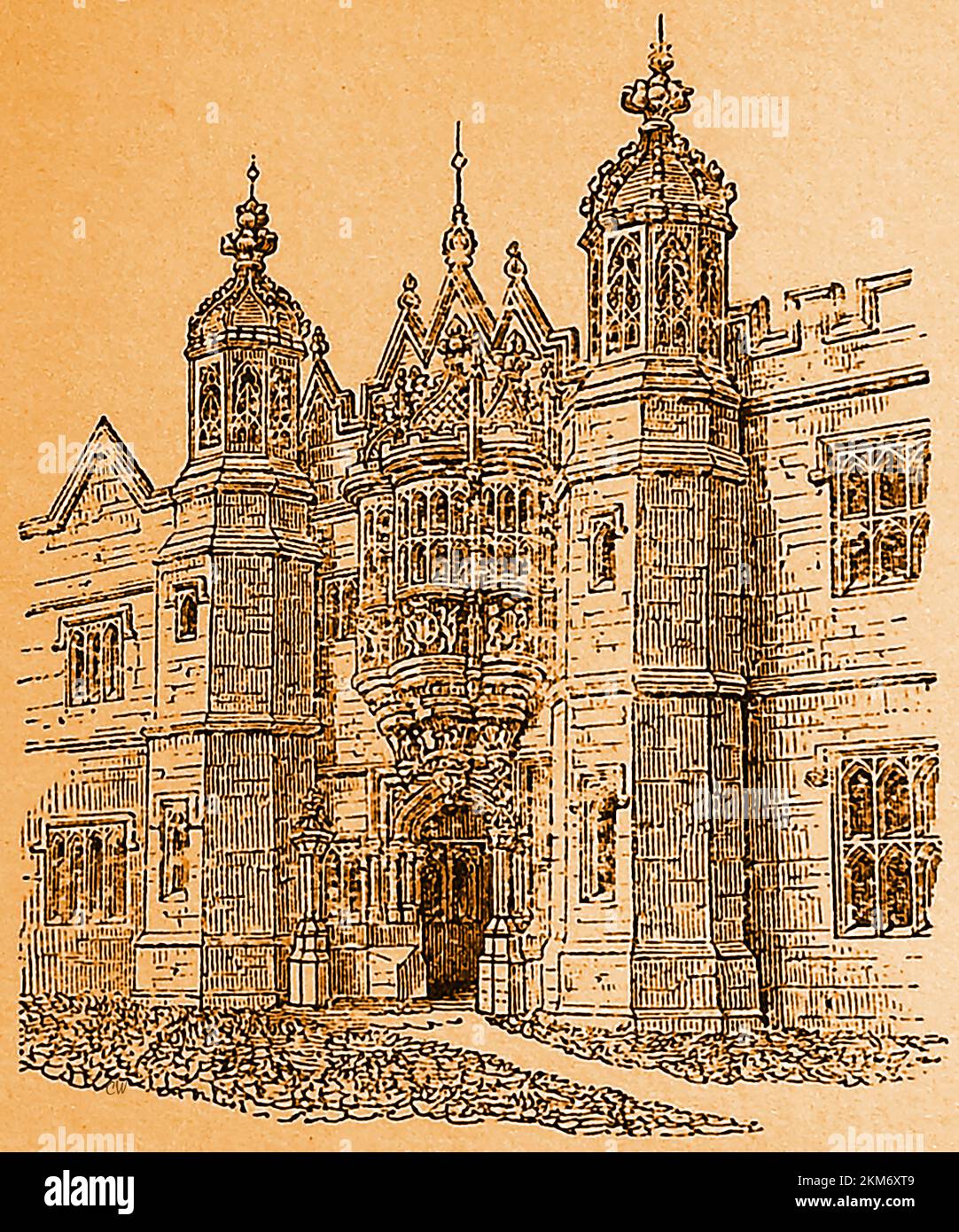 Une gravure datant de 19th ans de l'architecture Tudor (Hengrave Hall, près de Bury St Edmund, Suffolk, Angleterre. Le manoir ou le manoir . A été entre 1525 et 1887 le siège des familles catholiques romaines de Gage et Kitson., ayant été construit par Thomas Kitson, un marchand de Londres et membre de la Mercator Company, qui l'a achevé en 1538. Banque D'Images