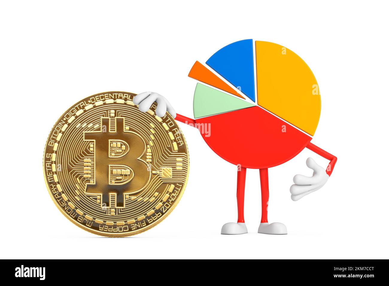 Info Graphics Business graphique à secteurs personnage avec Digital et crypto-monnaie Golden Bitcoin sur fond blanc. 3D rendu Banque D'Images