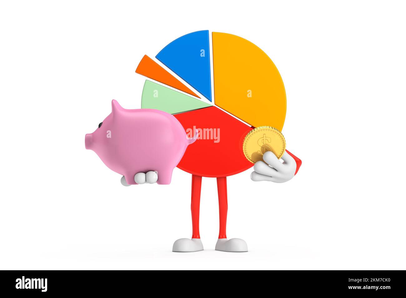 Info Graphics Business graphique à secteurs personnage avec Piggy Bank et Golden Dollar coin sur fond blanc. 3D rendu Banque D'Images