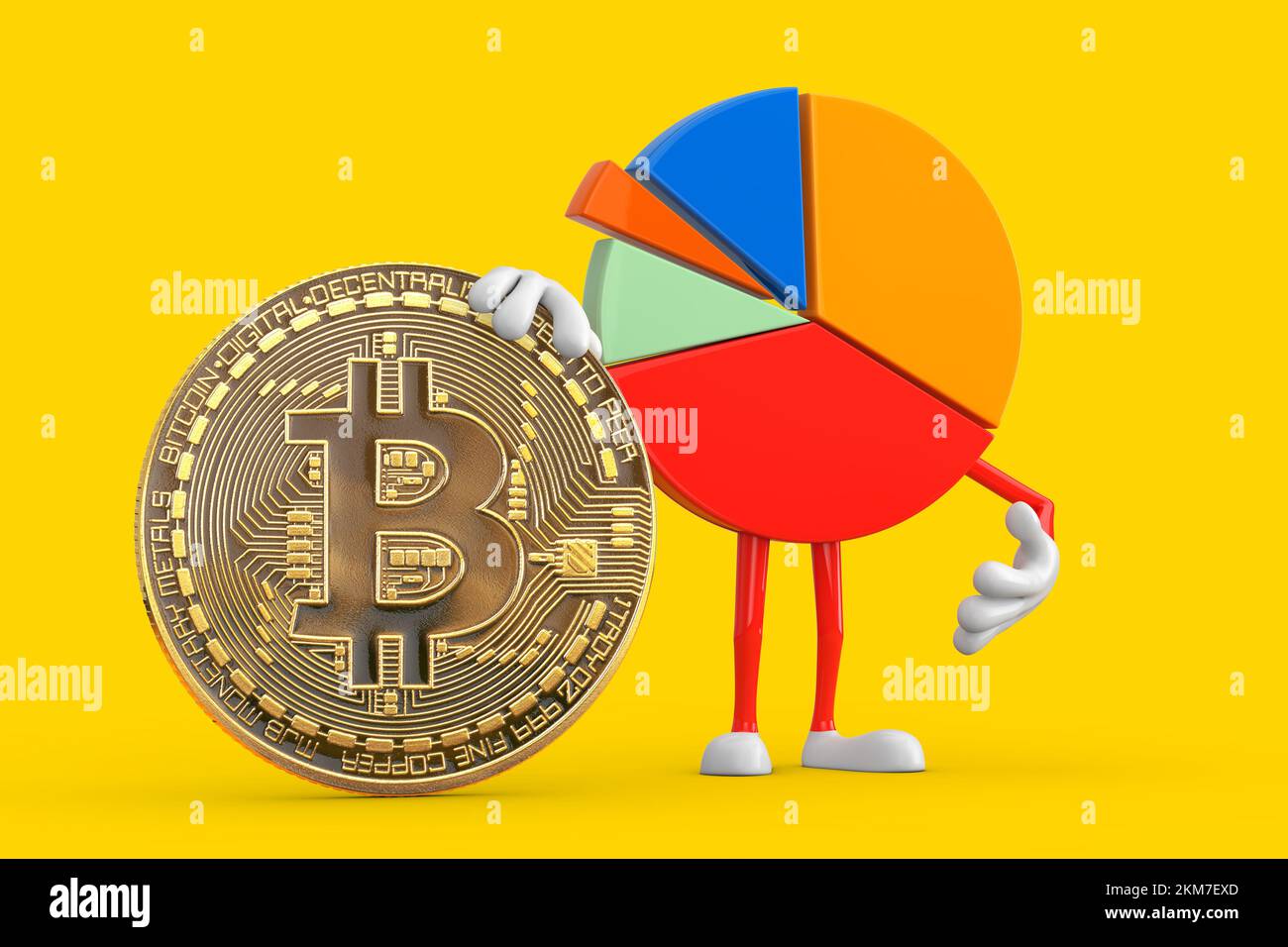 Info Graphics Business graphique à secteurs personnage avec Digital et crypto-monnaie Golden Bitcoin sur fond jaune. 3D rendu Banque D'Images
