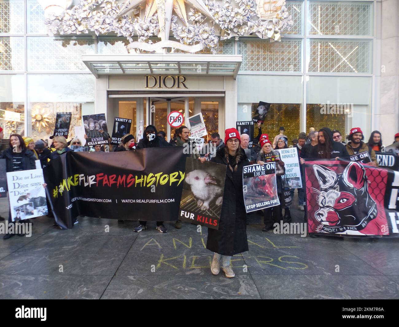 Christian Dior Boutique, 767 5th Ave, New York, NY 10153, États-Unis. 25 novembre 2022. Des manifestations vocales organisées par « la marche de la fourrure à New York » perturbent les zones d'entrée entourant les portes chic de la Fifth Avenue Boutique des leaders de la mode de détail de Manhattan, Christian Dior et Louis Vuitton. ©Julia Mineeva/EGBN TV News/Alamy Live News Banque D'Images