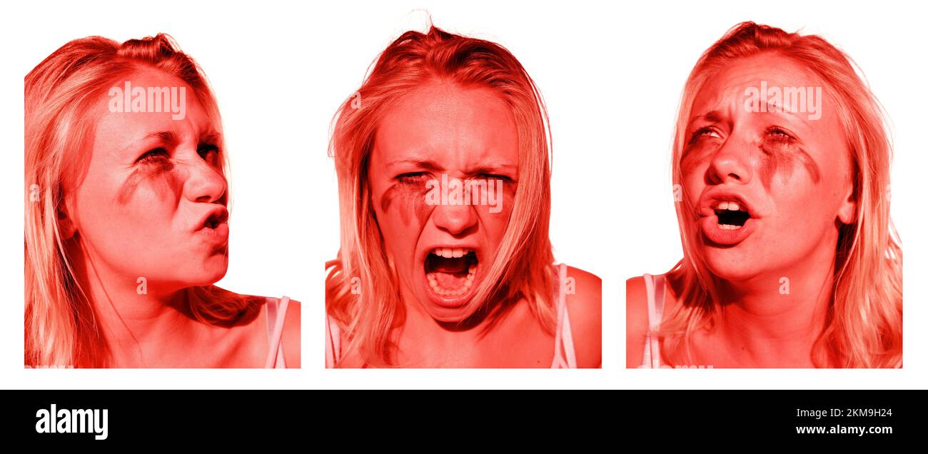Femme chargée émotionnellement, montrant tous les signes d'une dépression émotionnelle dans des expressions de colère et tristesse Stress Banque D'Images