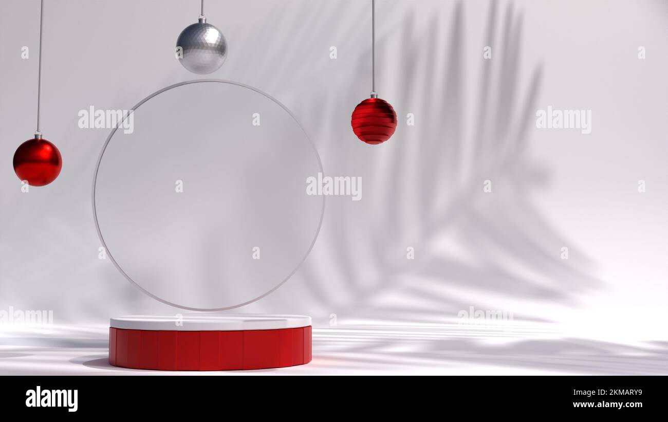 Vide blanc rouge podium avec élément décoratif 3D rendu, nouveau produit de Noël podium 3D illustration toile de fond concept design, fond Banque D'Images