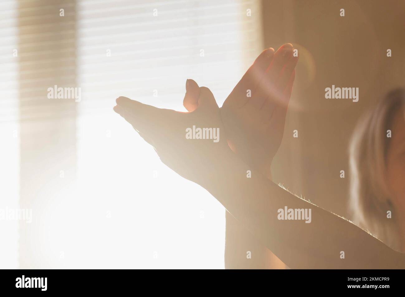 Femme montrant une colombe avec ses mains Banque D'Images