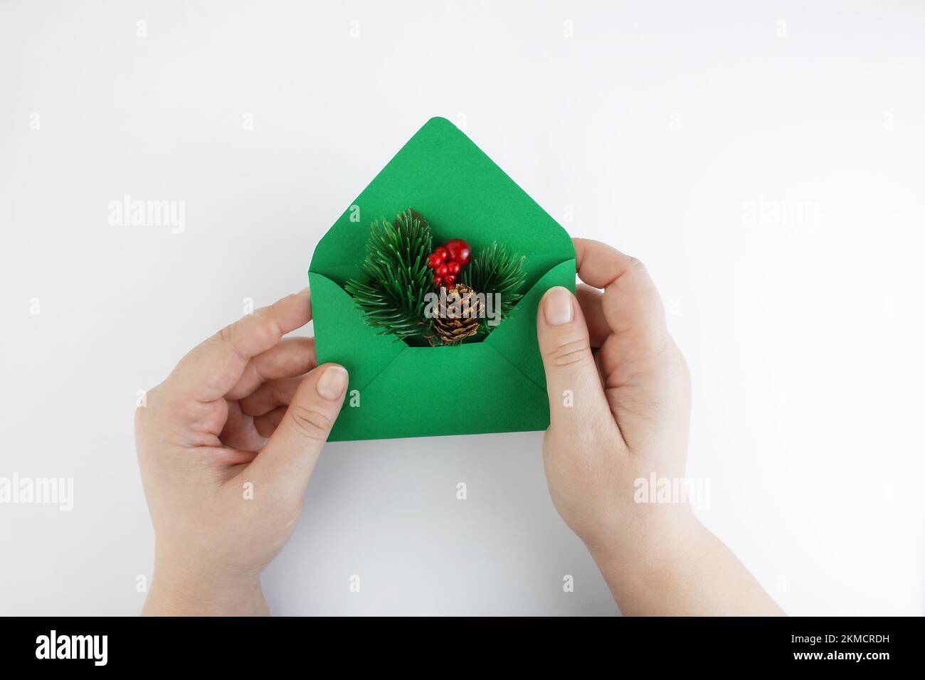 Composition À Plat D'une Enveloppe En Papier Kraft Et D'un Stylo En Papier  Kraft Sur Fond Vert Isolé Avec Des Branches D'arbre De Noël Et Des Paquets  De Cannelle Banque D'Images et