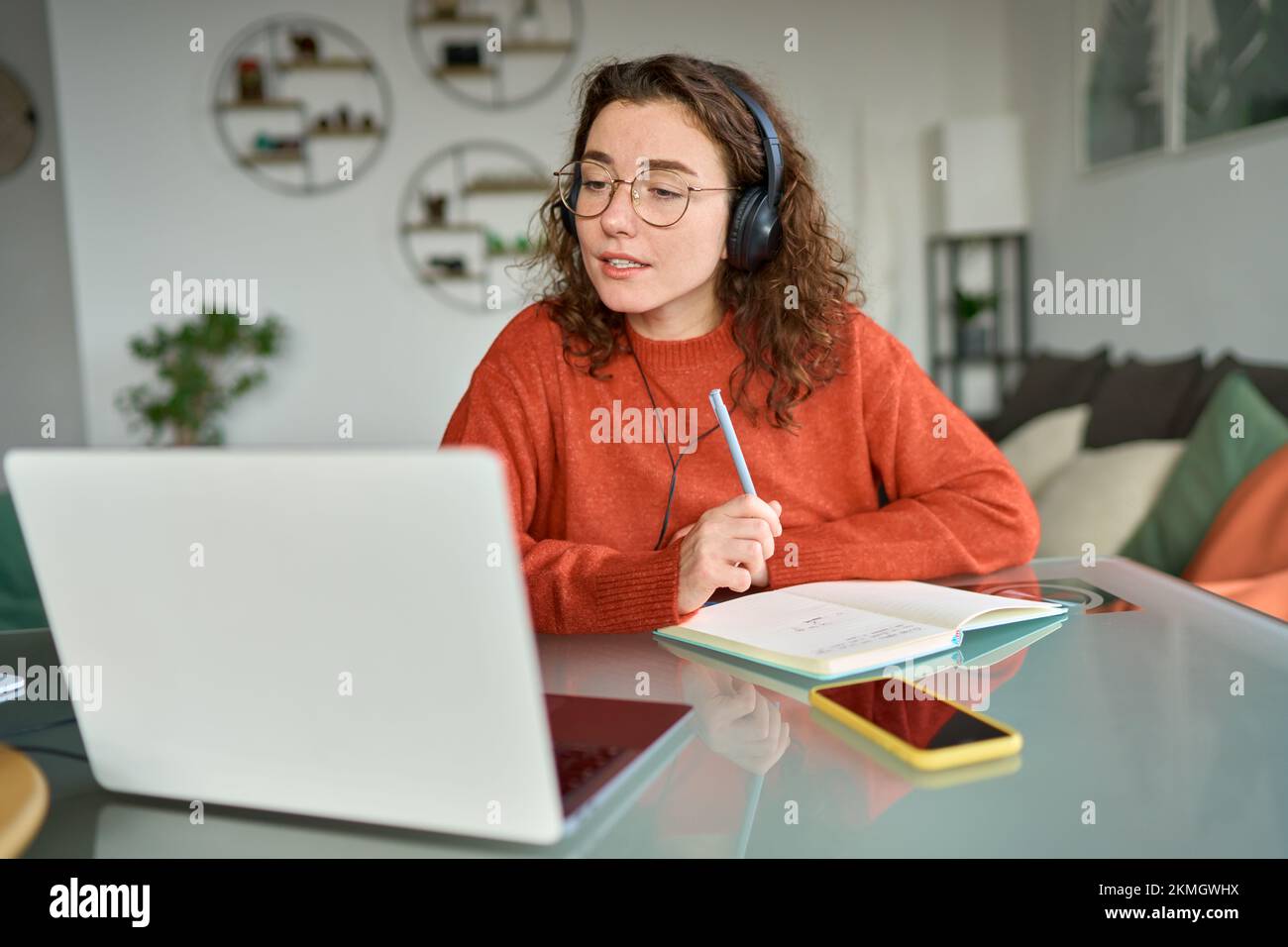Jeune femme étudiant en ligne sur ordinateur portable à la maison. Banque D'Images