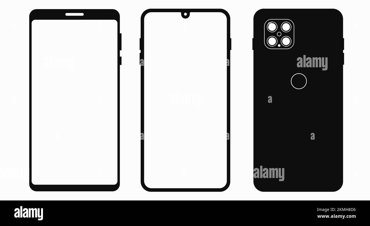 Smartphone avec cadre, smartphone sans cadre avec caméras quatre et quatre, écran blanc vierge, avant et arrière. Téléphone portable noir Uni Banque D'Images