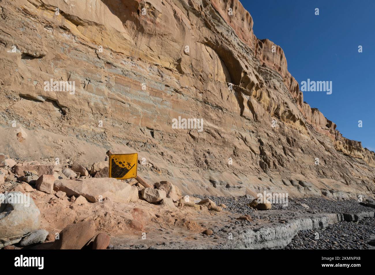 Un panneau déchu avertit les visiteurs des glissements de terrain le long du bluff sur la plage d'État de Torrey Pines à San Diego, en Californie. Banque D'Images