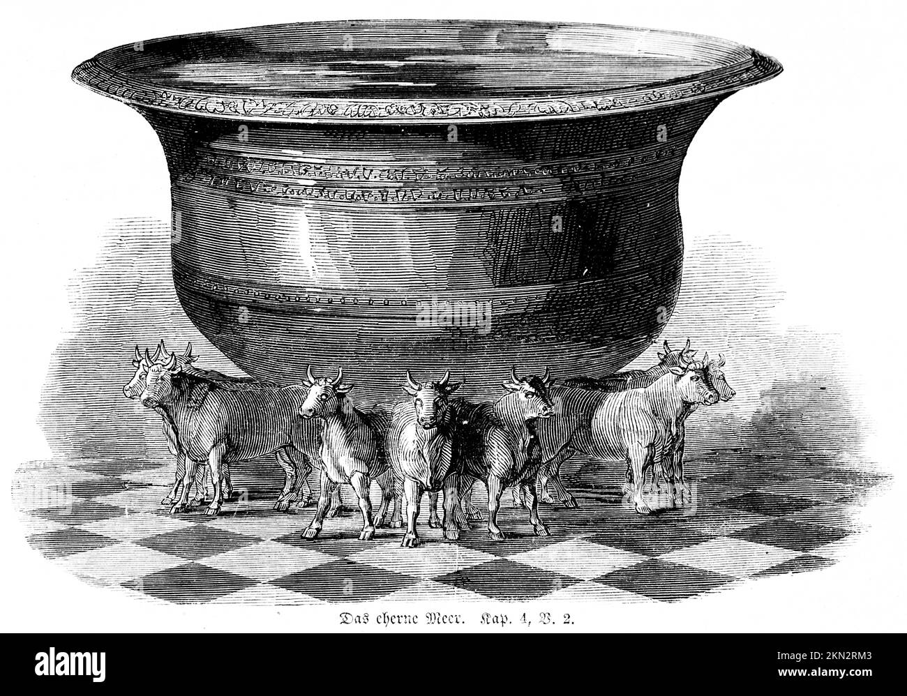 La mer d'airain, le chou-fleur, plein, oxen, métal, Floor, Bible, ancien Testament, deuxième Livre de chroniques, chapitre 4, verset 2, illustration historique c. 18 Banque D'Images