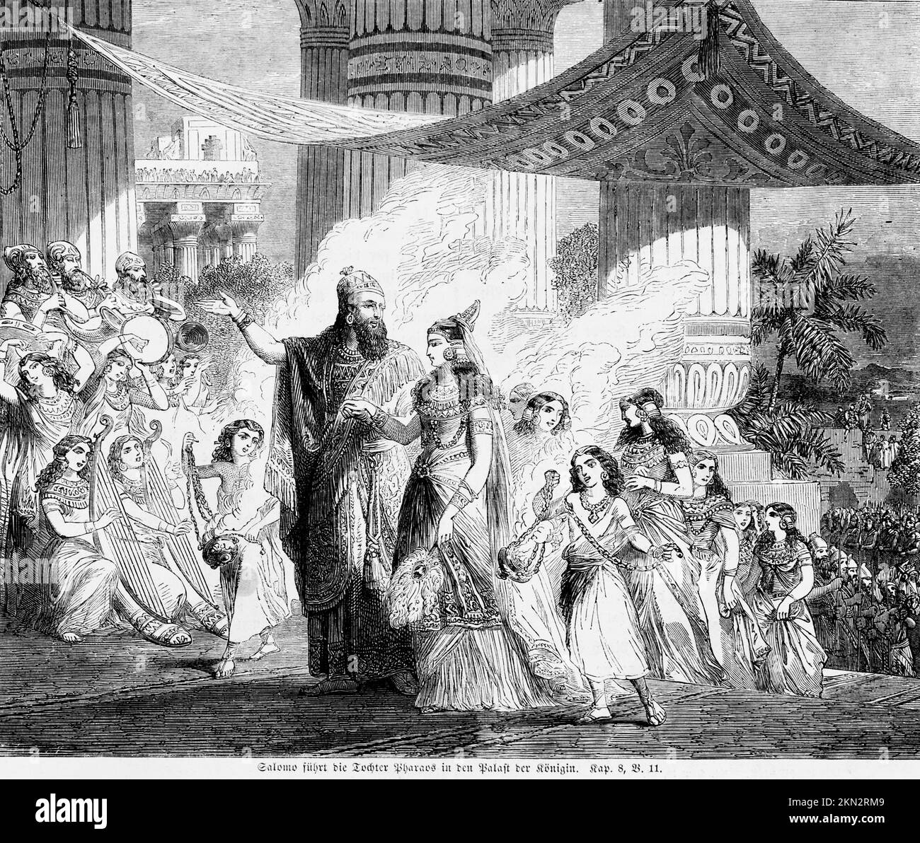 Solomo mène la fille de Pharaon dans le palais de la Reine, la foule, la joie, la musique, les colonnes, encens, fête, maison, sainte, Bible, Ancien Testament, deuxième Livre de Banque D'Images
