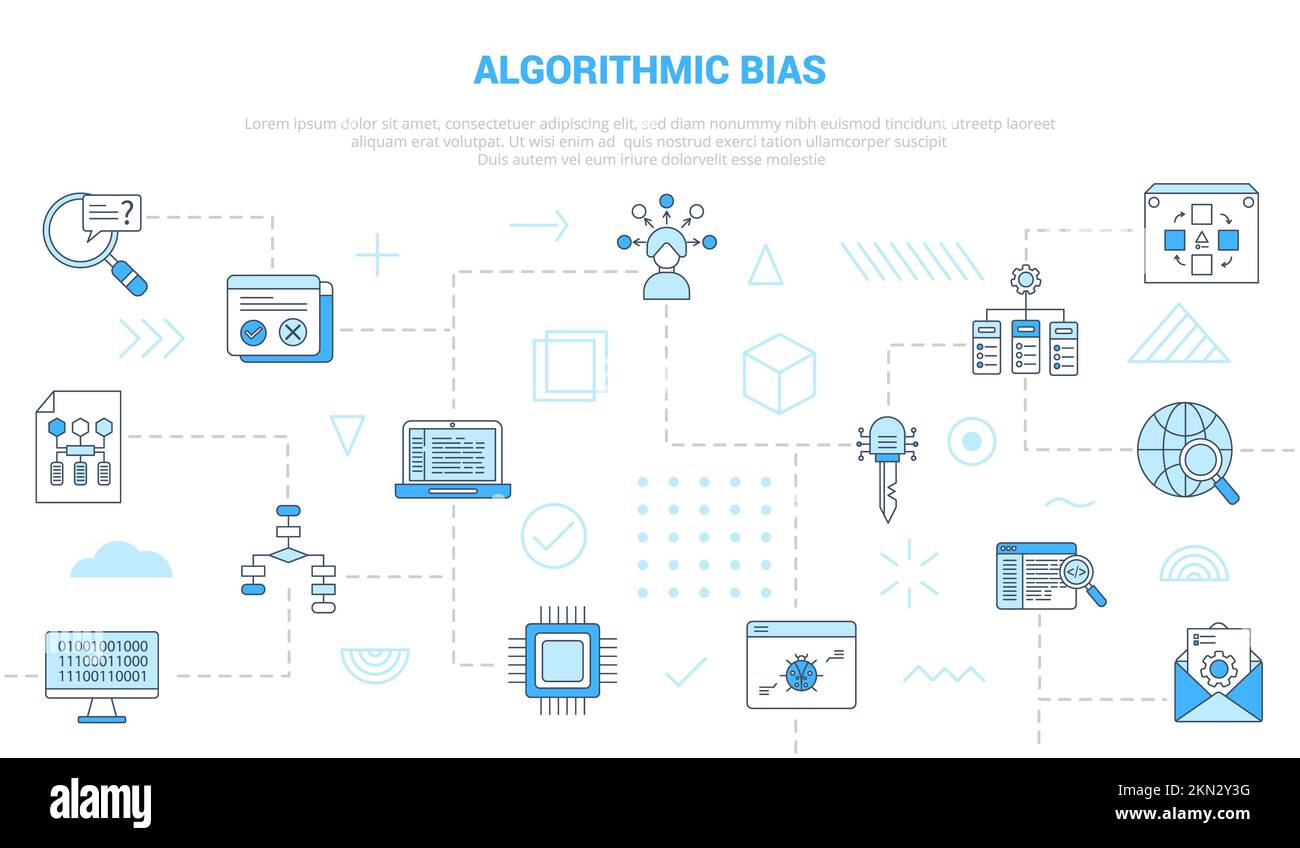 concept de biais algorithmique avec bannière de modèle d'ensemble d'icônes avec illustration vectorielle de style bleu moderne Banque D'Images