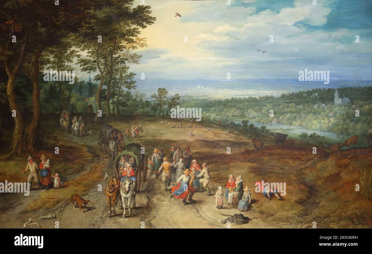 Paysage avec des voyageurs et des paysans sur une piste par le peintre baroque flamand Jan Breughel l'ancien à la National Gallery, Londres, Royaume-Uni Banque D'Images