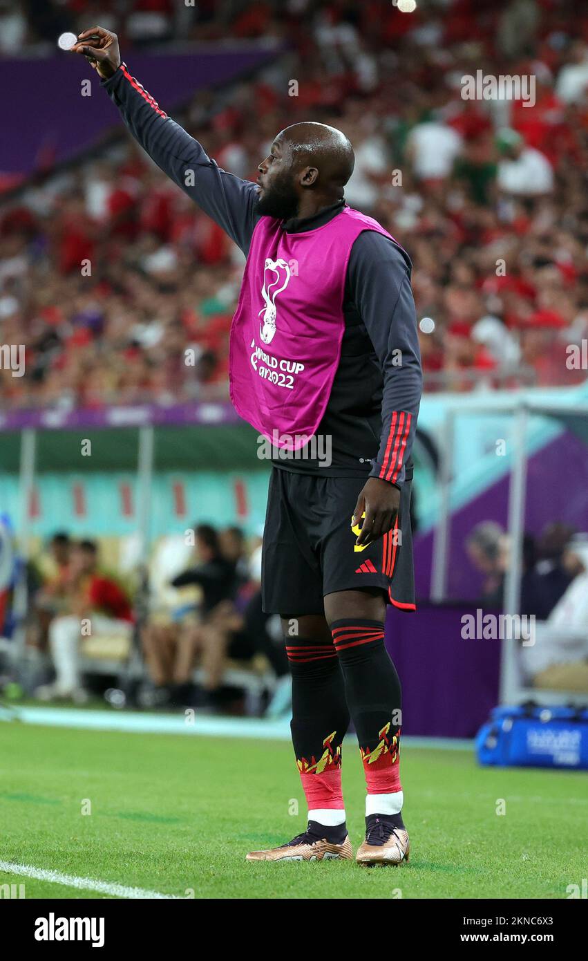 Le Romelu Lukaku de Belgique réagit à un match de football entre l'équipe nationale belge les Red Devils et le Maroc, dans le groupe F de la coupe du monde FIFA 2022 au stade Al Thumama, Doha, État du Qatar, le dimanche 27 novembre 2022. BELGA PHOTO VIRGINIE LEFOUR Banque D'Images