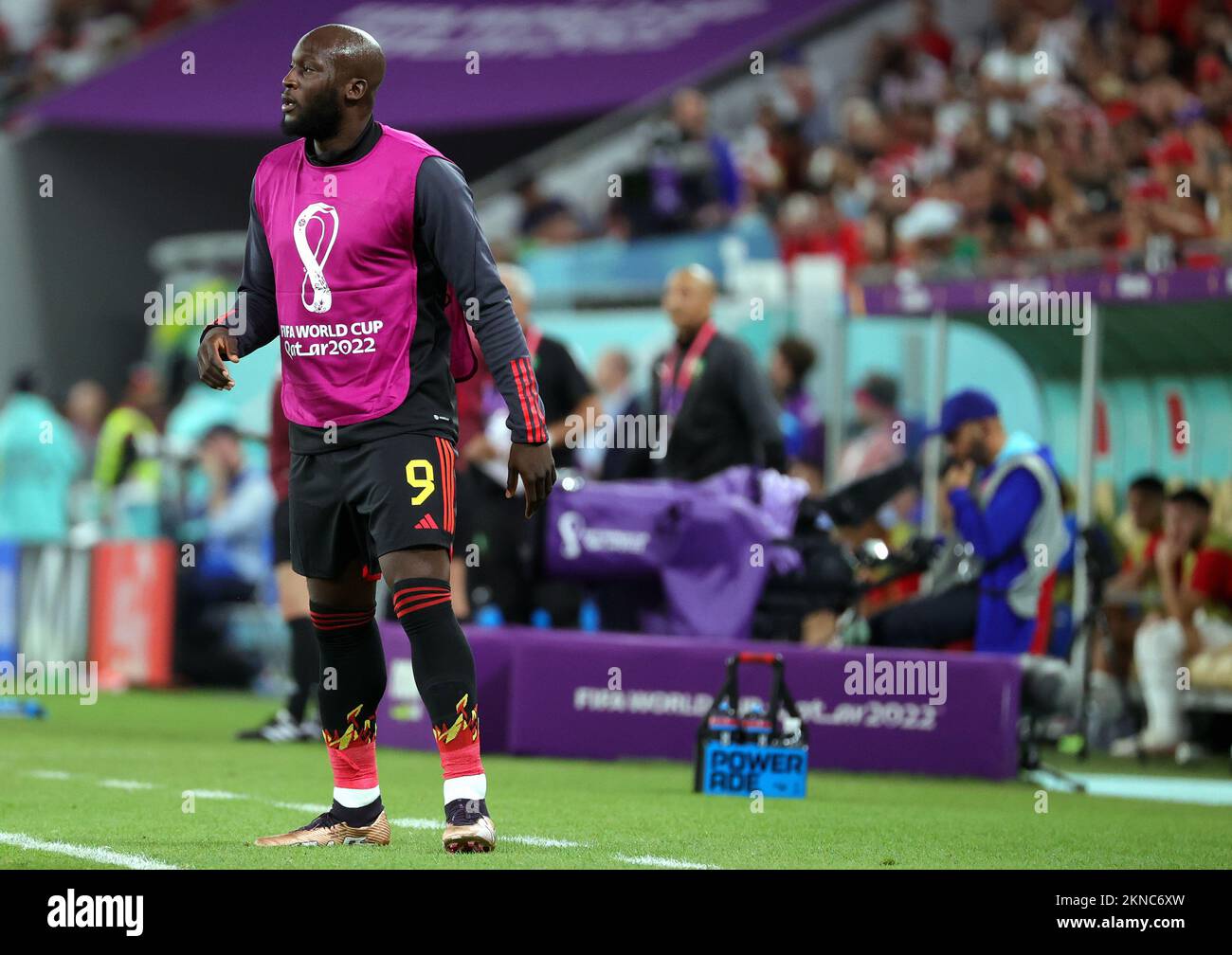 Le Romelu Lukaku de Belgique réagit à un match de football entre l'équipe nationale belge les Red Devils et le Maroc, dans le groupe F de la coupe du monde FIFA 2022 au stade Al Thumama, Doha, État du Qatar, le dimanche 27 novembre 2022. BELGA PHOTO VIRGINIE LEFOUR Banque D'Images