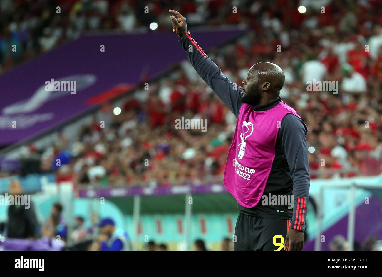 Le Romelu Lukaku de Belgique réagit à un match de football entre l'équipe nationale belge les Red Devils et le Maroc, dans le groupe F de la coupe du monde FIFA 2022 au stade Al Thumama, Doha, État du Qatar, le dimanche 27 novembre 2022. BELGA PHOTO VIRGINIE LEFOUR Banque D'Images