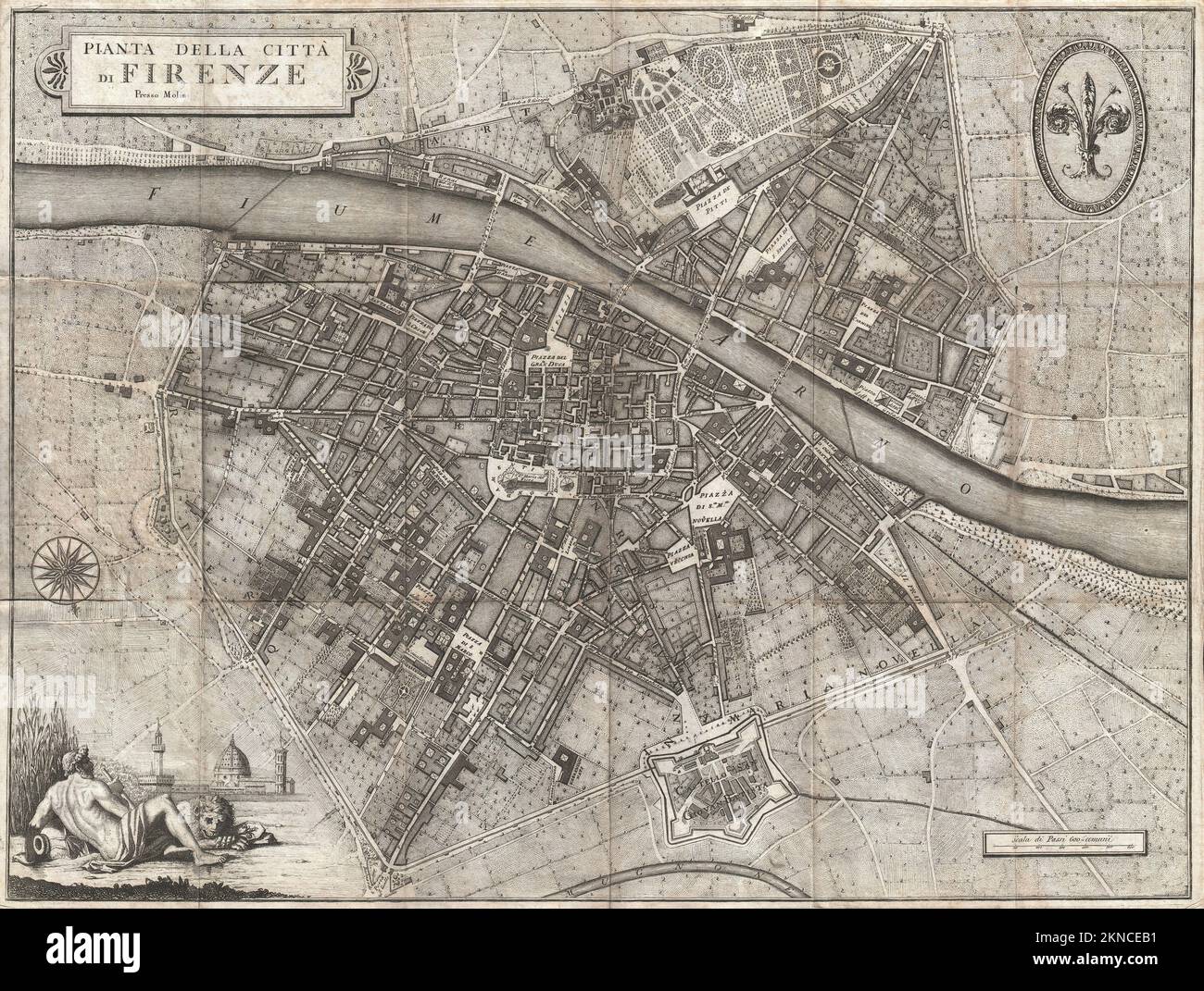 Plan de ville vintage de Florence et de la région autour de lui de 16th-18th siècle. Les cartes sont magnifiquement illustrées à la main et gravées le montrant à l'époque. Banque D'Images