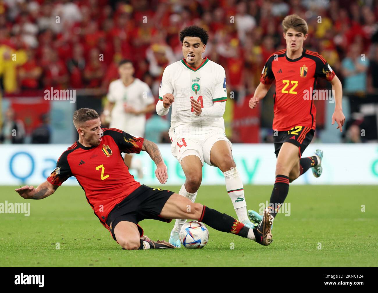 Toby Alderweireld en Belgique, Zakaria Aboukhlal marocain et Charles de Ketelaere en Belgique ont photographié en action lors d'un match de football entre l'équipe nationale belge les Red Devils et le Maroc, dans le groupe F de la coupe du monde FIFA 2022 au stade Al Thumama, Doha, État du Qatar, le dimanche 27 novembre 2022. BELGA PHOTO BRUNO FAHY Banque D'Images