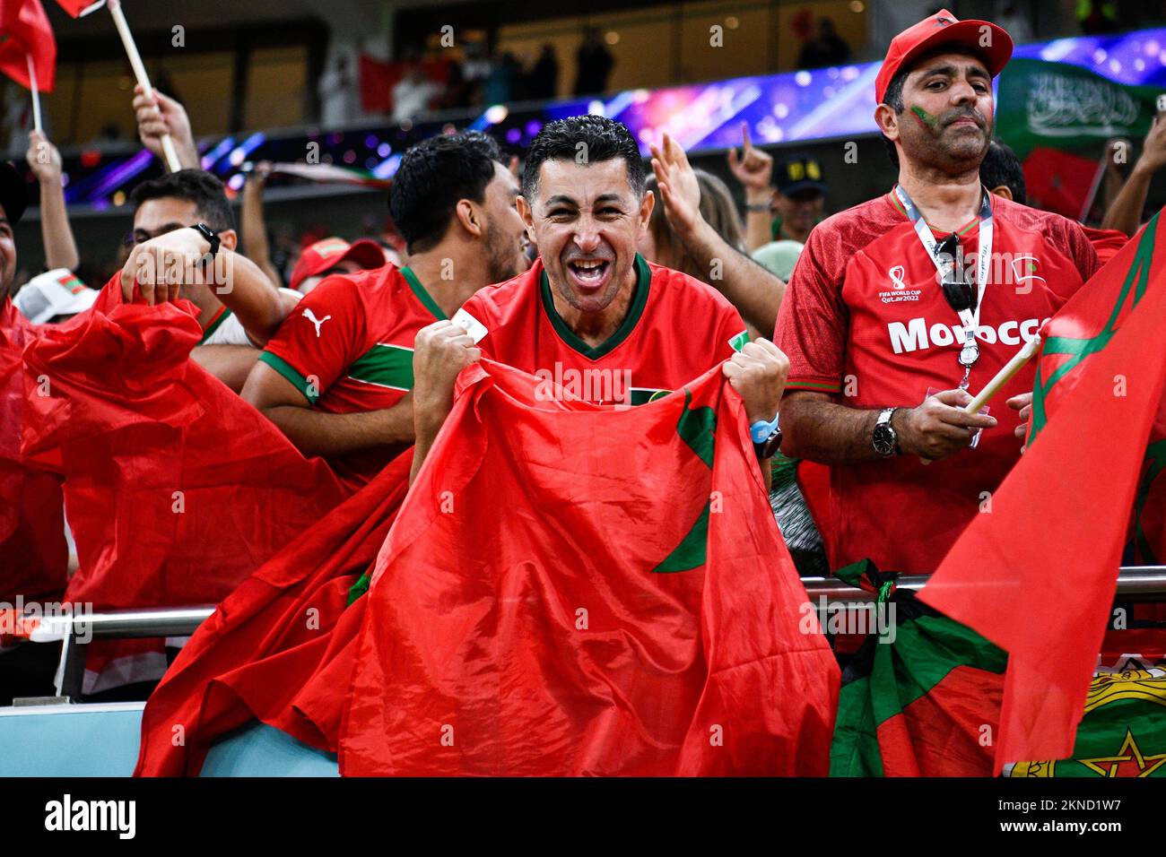DOHA, QATAR - NOVEMBRE 27 : les fans et les supporters du Maroc célèbrent leur victoire lors du match du groupe F - coupe du monde de la FIFA, Qatar 2022 entre la Belgique et le Maroc au stade Al Thumama sur 27 novembre 2022 à Doha, Qatar (photo de l'Agence Pablo Morano/BSR) Banque D'Images