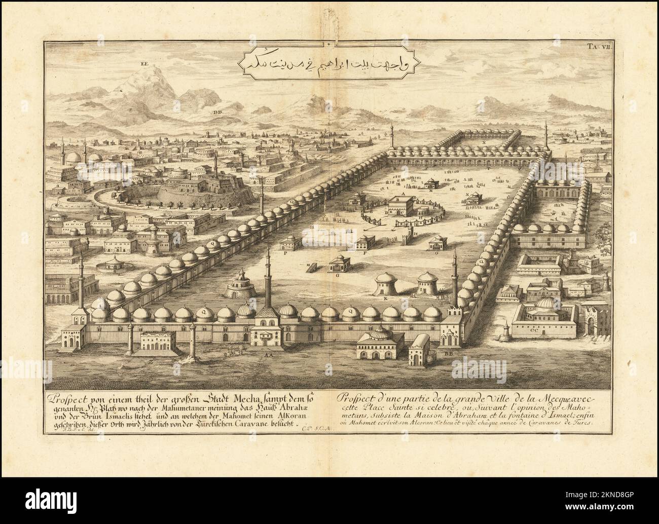 Plan de ville vintage de la Mecque et de la région autour de lui à partir de 18th siècle. Les cartes sont magnifiquement illustrées à la main et gravées montrant la ville à l'époque. Banque D'Images