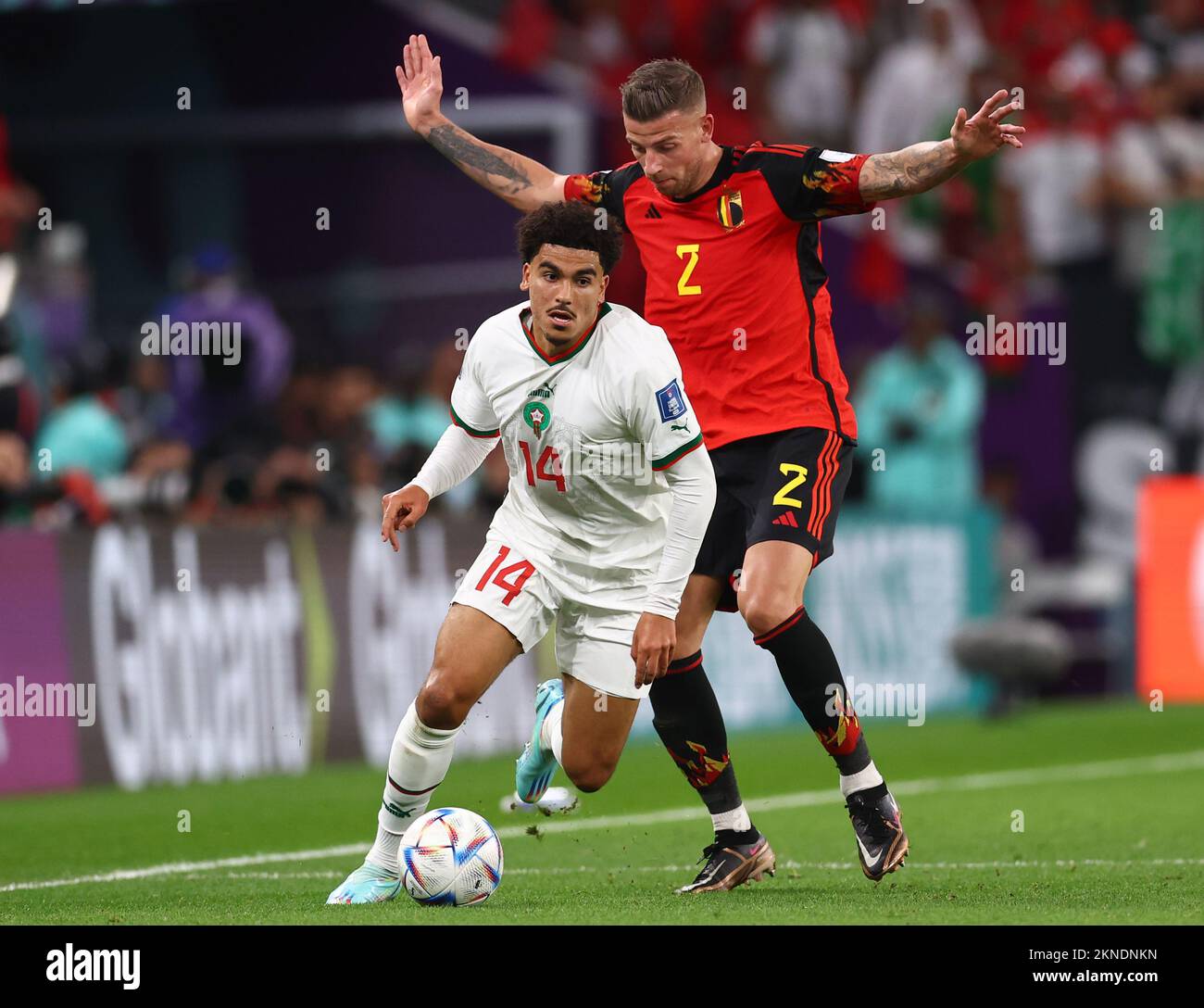 Doha, Qatar. 27th novembre 2022. Zakaria Aboukhlal, du Maroc, s'éloigne de Toby Alderweireld, de Belgique, lors du match de la coupe du monde de la FIFA 2022 au stade Al Thumama, à Doha. Le crédit photo devrait se lire: David Klein/Sportimage crédit: Sportimage/Alay Live News Banque D'Images