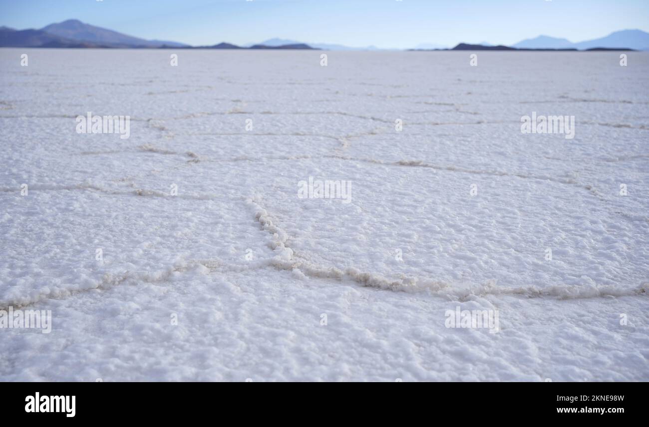 Gros plan sur le sol salé des réservoirs salins d'uyuni, en bolivie, riches en minéraux (lithium, potassium, magnésium). Banque D'Images