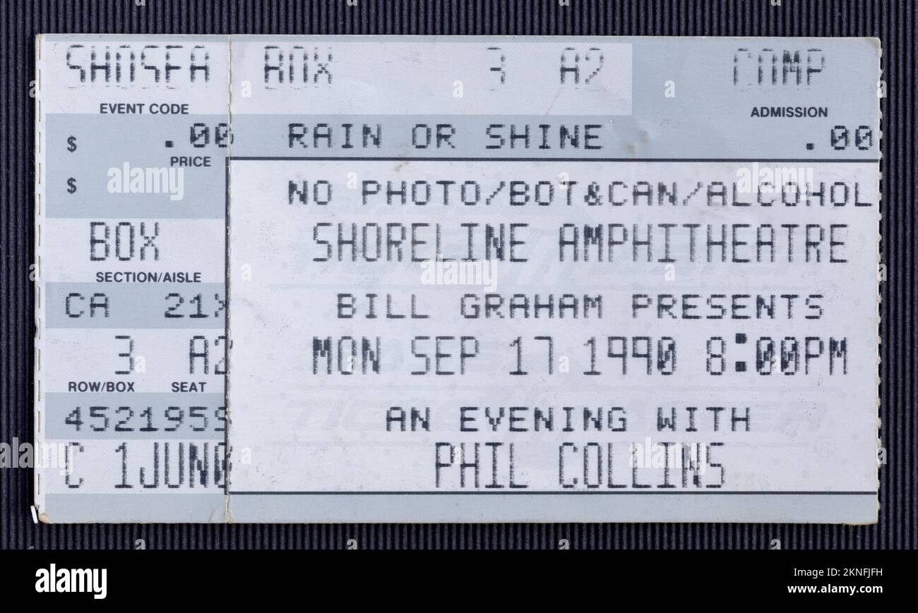Mountain View, Californie - 17 septembre 1990 - ticket stub pour le Phil Collins sérieusement Live! World Tour à l'amphithéâtre Shoreline Banque D'Images