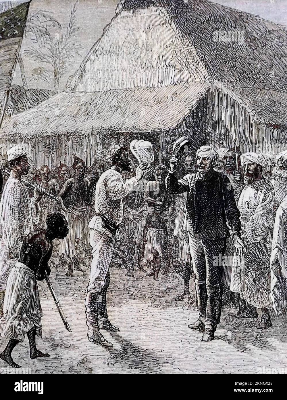DAVID Livingstone à droite est accueilli par Henry Morton Stanley à Ujiji sur les rives du lac Tanganyika le 10 novembre 1871. Banque D'Images