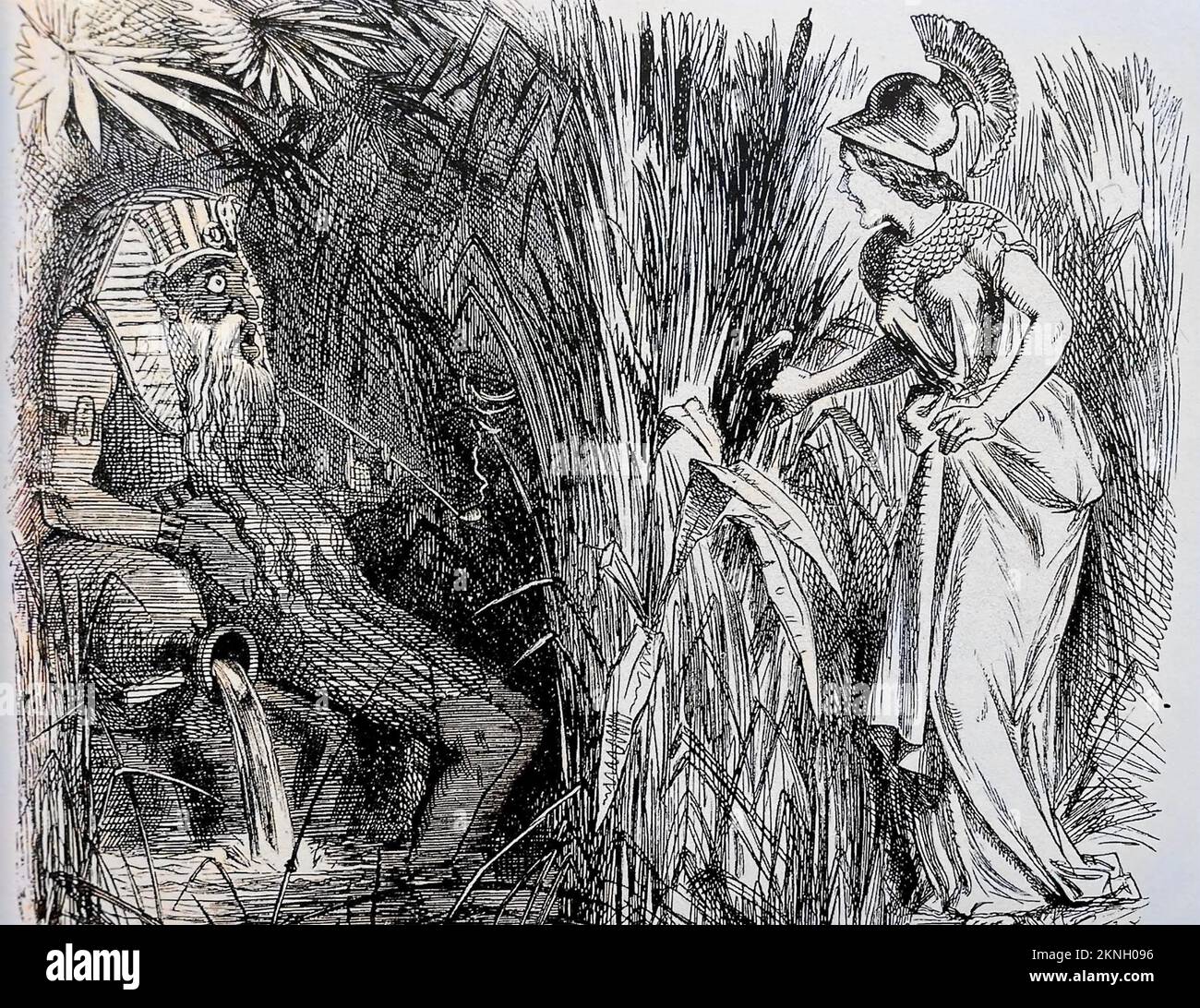 DÉCOUVERTE DE LA SOURCE DU NIL une caricature de 1857 montrant Britannia trouver la source légendaire qui a été attribuée à un pichet d'eau caché. Banque D'Images