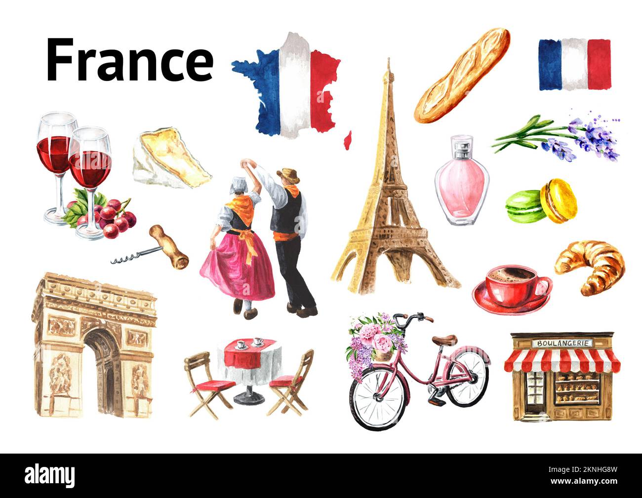 Ensemble de symboles Voyage à Paris, France. Illustration aquarelle dessinée à la main isolée sur fond blanc Banque D'Images