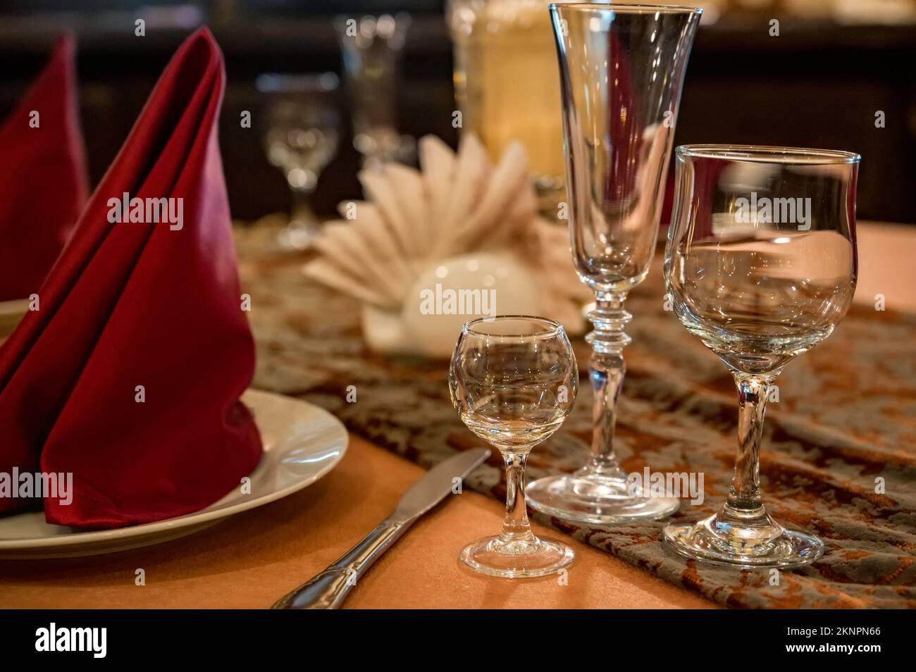 Tables servies au restaurant avec des verres, des assiettes et des serviettes dans le magnifique restaurant Banque D'Images