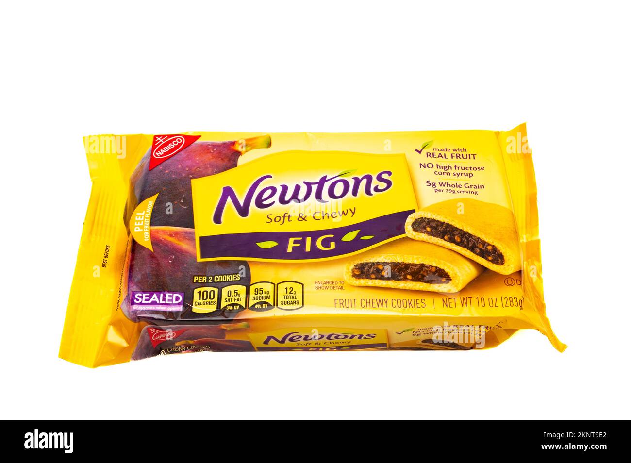 Un paquet de Newtons de la marque Nabisco, doux et mâché, fait de vrais fruits, isolé sur blanc Banque D'Images