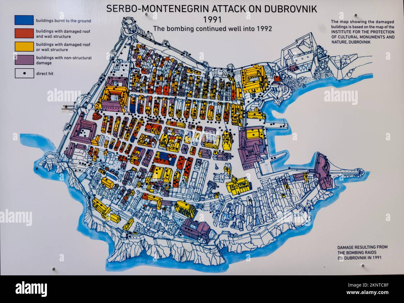 Dubrovnik, Croatie carte montrant les dommages causés par les raids de bombardement sur Dubrovnik en 1991 attaque de Serbo-Monténégro sur Dubrovnik 1991 Banque D'Images