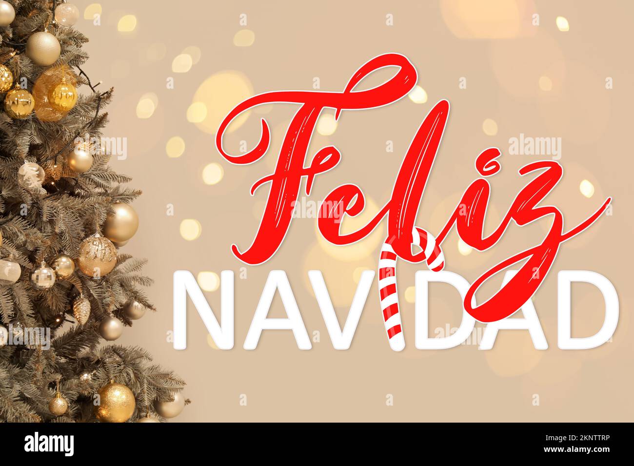 Carte de voeux avec sapin décoré et texte FELIZ NAVIDAD (espagnol pour Joyeux Noël Photo Stock
