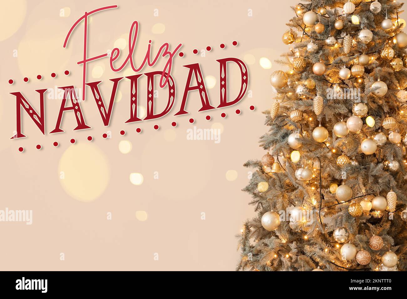 Carte de voeux avec sapin décoré et texte FELIZ NAVIDAD (espagnol pour Joyeux Noël Photo Stock