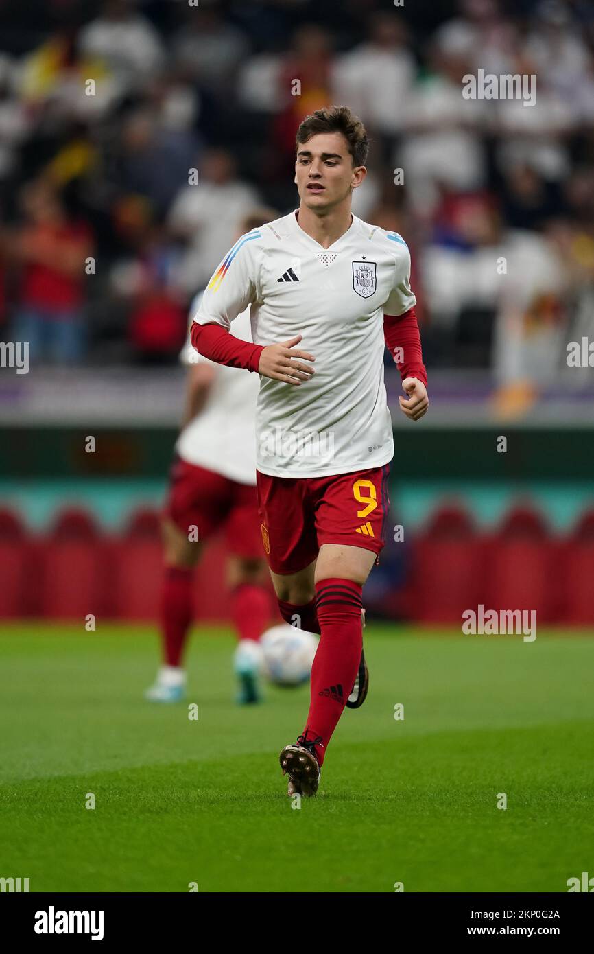 Al Khor, Qatar. 27th novembre 2022. DOHA, QATAR - NOVEMBRE 27 : le joueur d'Espagne Gavi se réchauffe avant le match de la coupe du monde de la FIFA, Qatar 2022 groupe E entre l'Espagne et l'Allemagne au stade Al Bayt sur 27 novembre 2022 à Al Khor, Qatar. (Photo de Florencia Tan Jun/PxImages) crédit: PX Images/Alamy Live News Banque D'Images