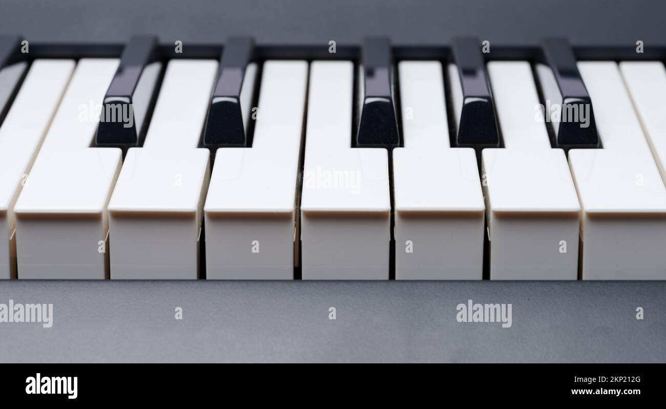 Macro vue rapprochée de la face avant des touches de piano Banque D'Images