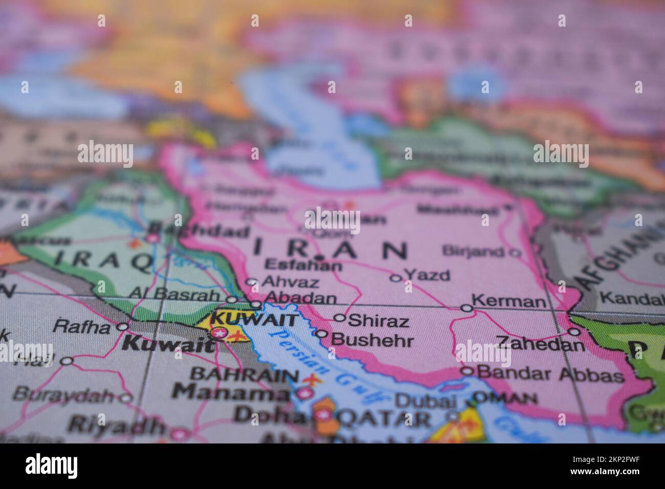 Iran Travel concept Nom du pays sur la carte du monde politique très macro gros plan Voir la photo Banque D'Images